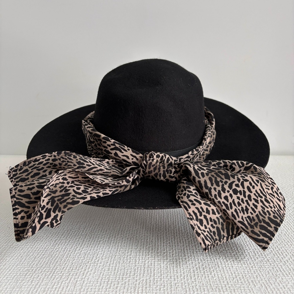 Vintage New York Hat Co Wide Brim Hat Leopard Scarf Black Wool Felt One Size